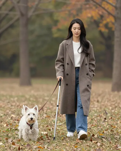 A Southeast Asian woman walks with a cane and a small white terrier on a leash across fallen autumn park leaves.