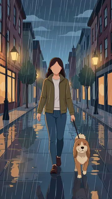 Faceless woman walks a small dog on a leash along a wet city street during a rainy evening