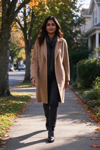South Asian woman in a tan wool coat walks toward the camera on a leafy residential sidewalk on a sunny fall morning