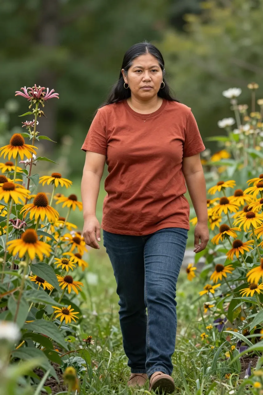 An Indigenous woman in a rust shirt walks between yellow coneflowers and bee balm in a garden
