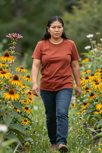 An Indigenous woman in a rust shirt walks between yellow coneflowers and bee balm in a garden