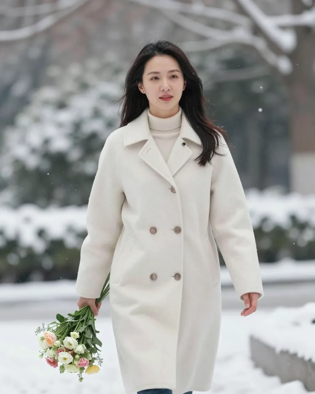 A Southeast Asian woman in a white wool coat walks through falling snow holding a small flower bouquet.