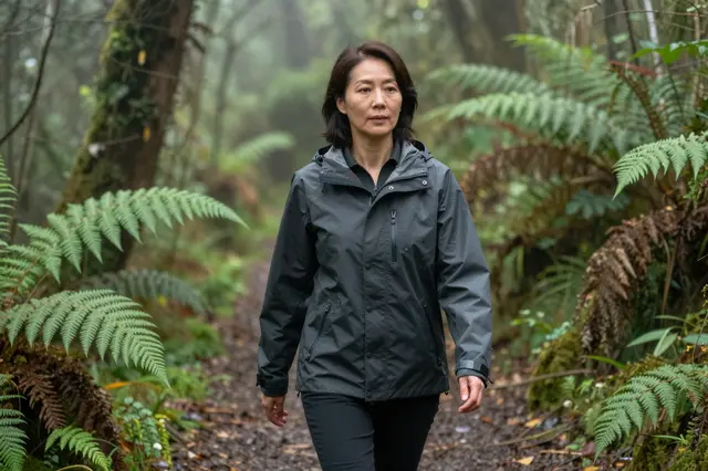 An East Asian woman in a dark rain jacket walks along a misty forest trail lined with ferns