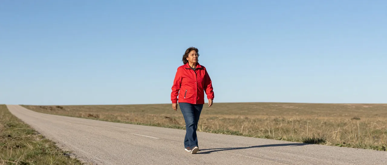 A senior woman in a red jacket walks along an empty paved prairie road under a clear blue sky