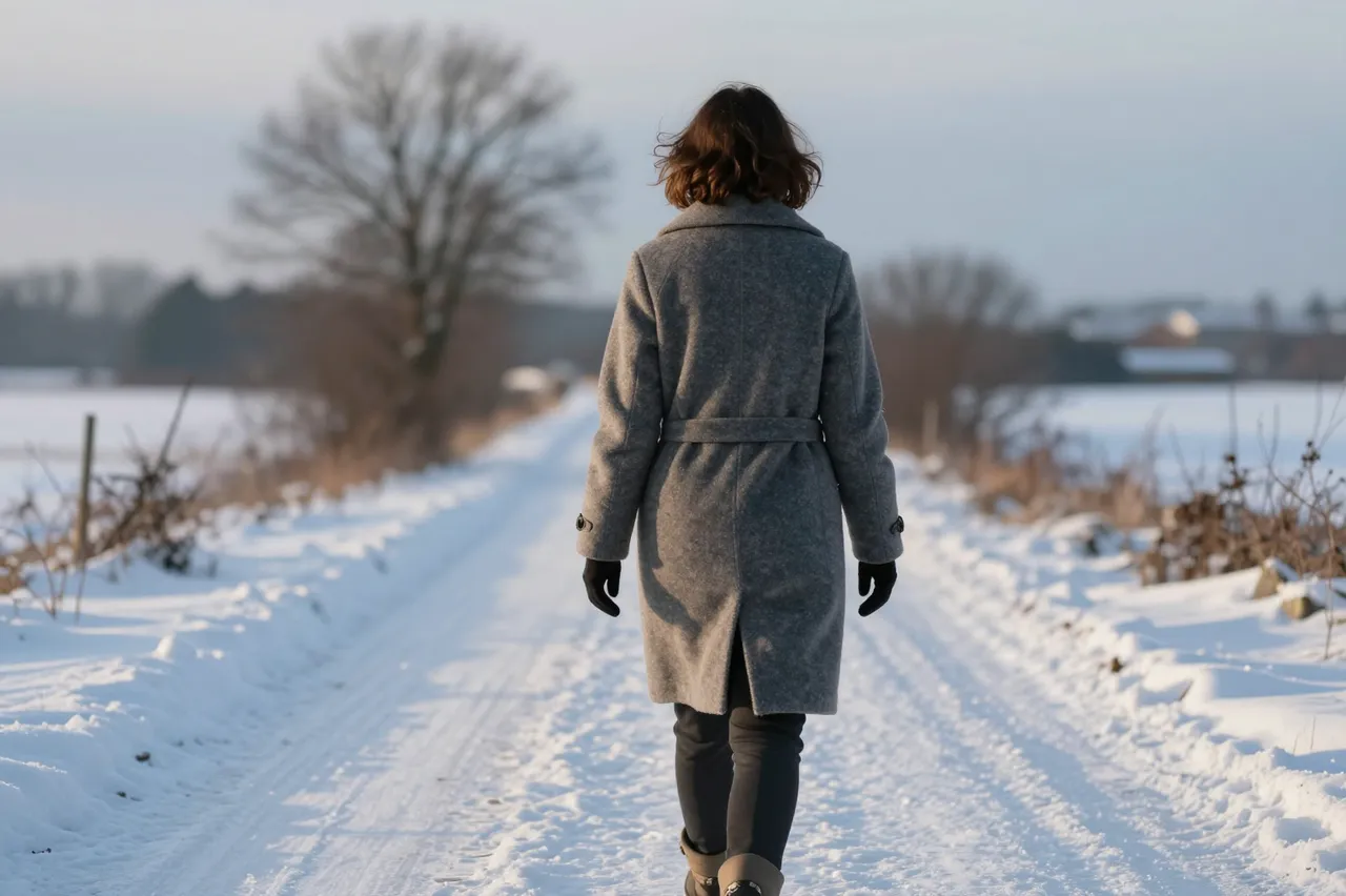 Back view of a woman in a gray wool coat walking along a snow-covered rural lane in low evening light