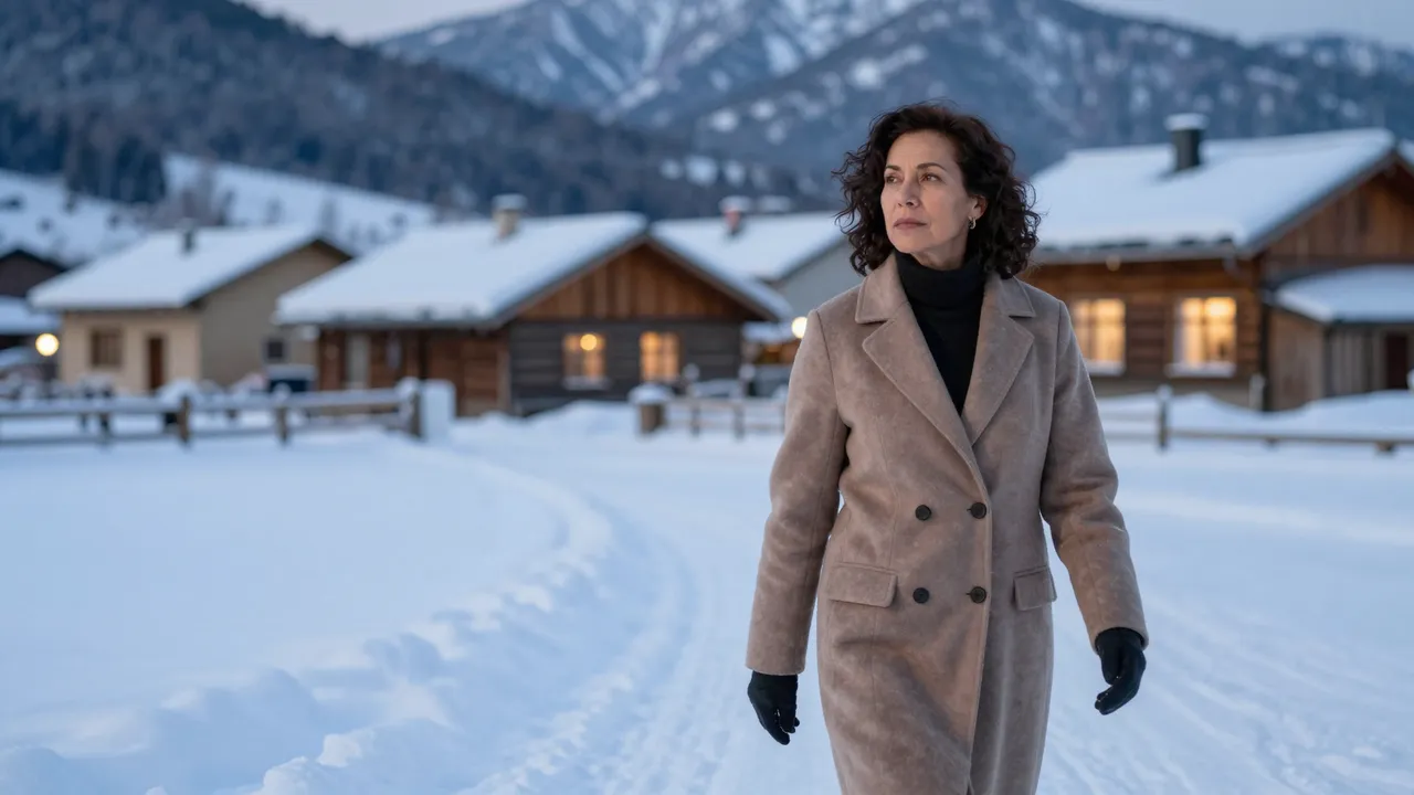A woman in a tan coat walks through a snow-covered alpine village at blue hour