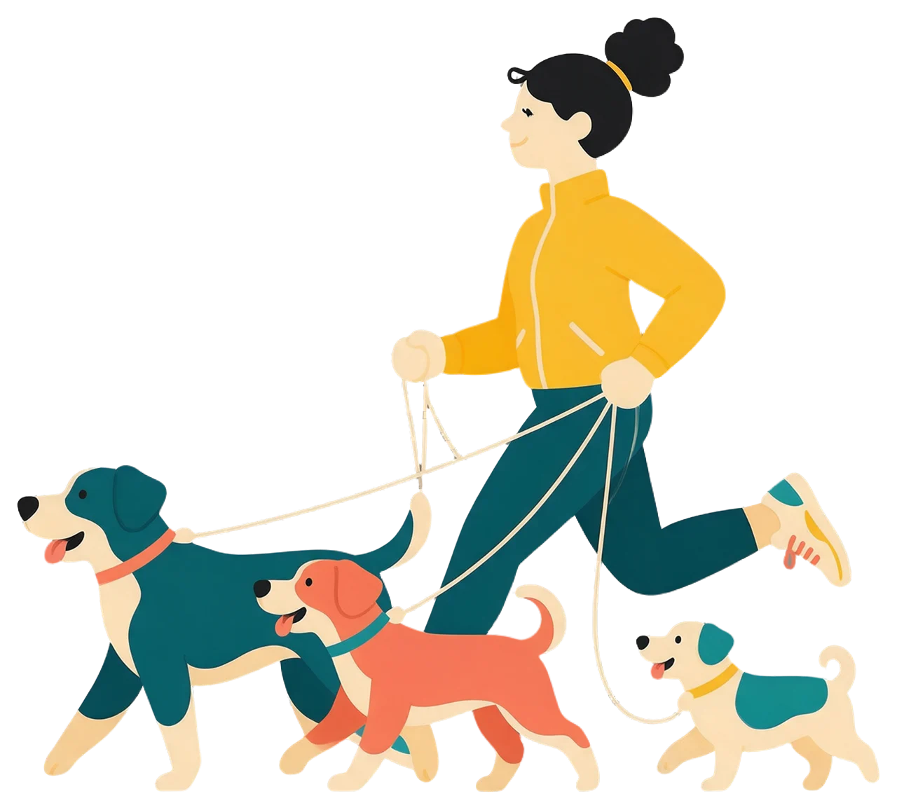 Side profile of a smiling woman in a yellow jacket walking three different sized happy dogs on leashes