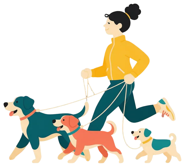 Side profile of a smiling woman in a yellow jacket walking three different sized happy dogs on leashes