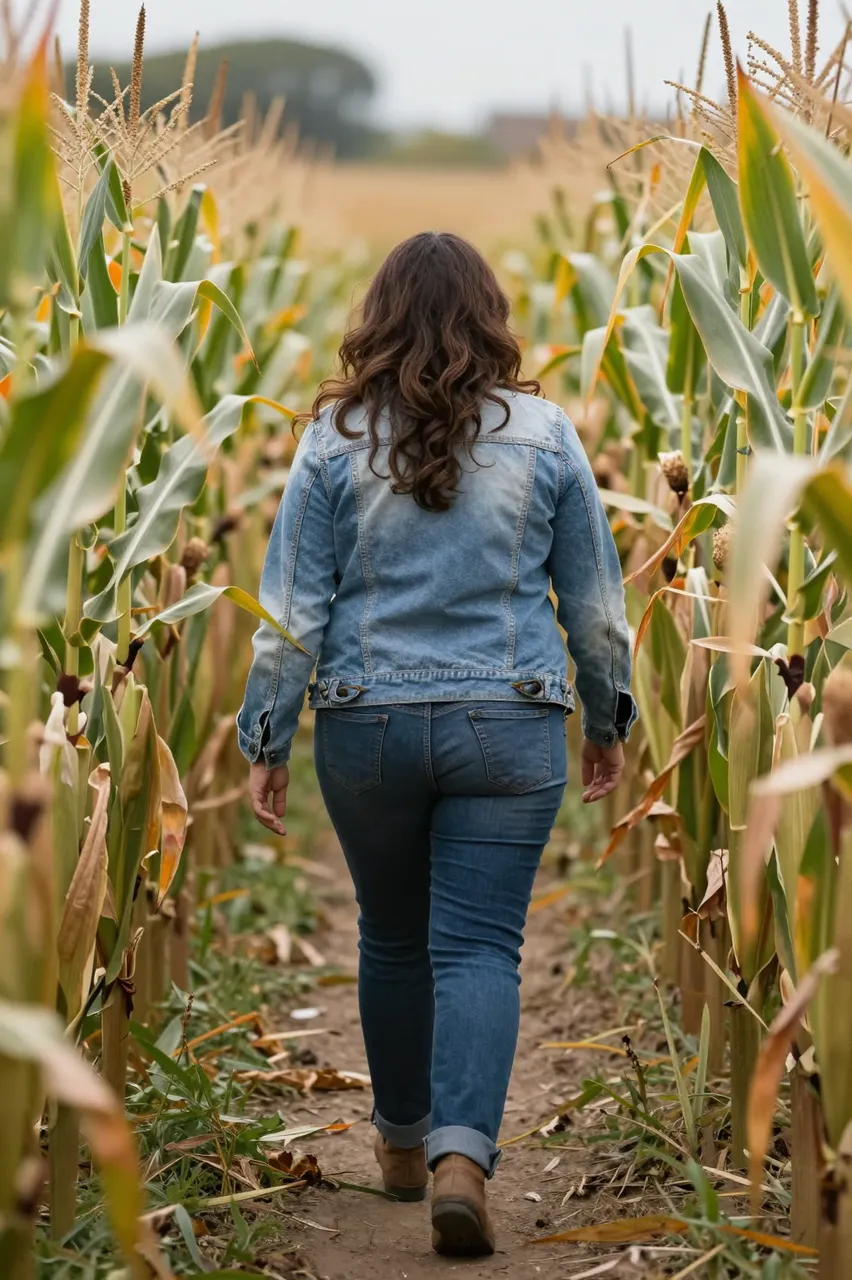 Back view of a woman in denim walking down a dirt path between tall autumn corn rows