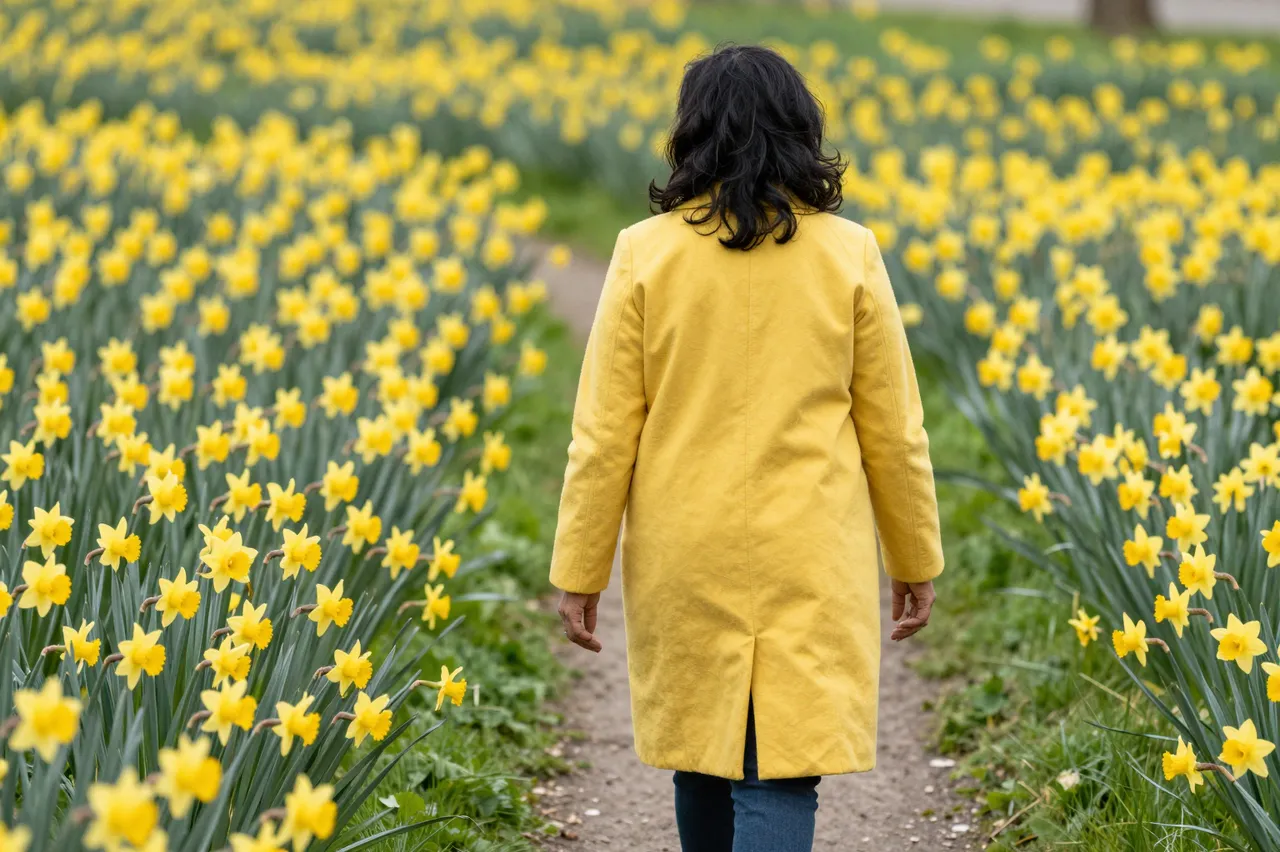 Back view of a woman in a yellow coat walking along a dirt path through a field of yellow daffodils