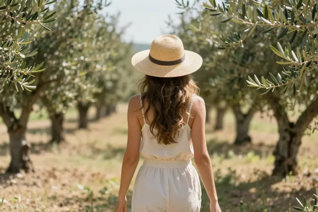 A woman in a straw sun hat walks away from the camera through a sunlit olive grove