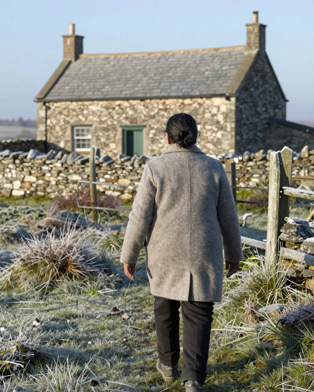 Back view of an older woman in a wool coat walking toward a frosty stone cottage on a clear cold morning