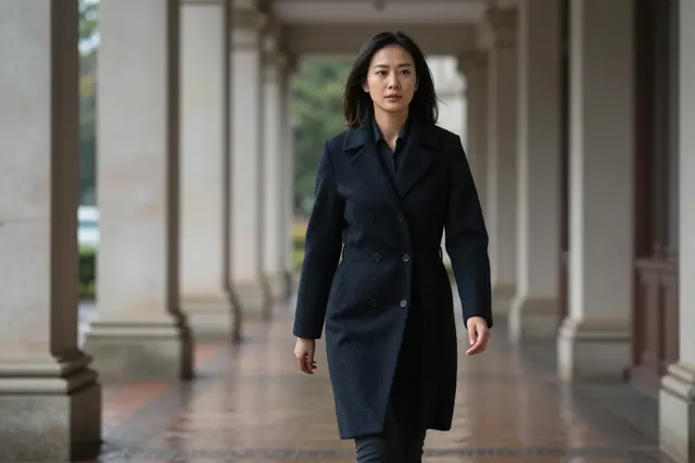 A Southeast Asian woman in a dark tailored coat walks toward the camera along a wet stone colonnade at dusk