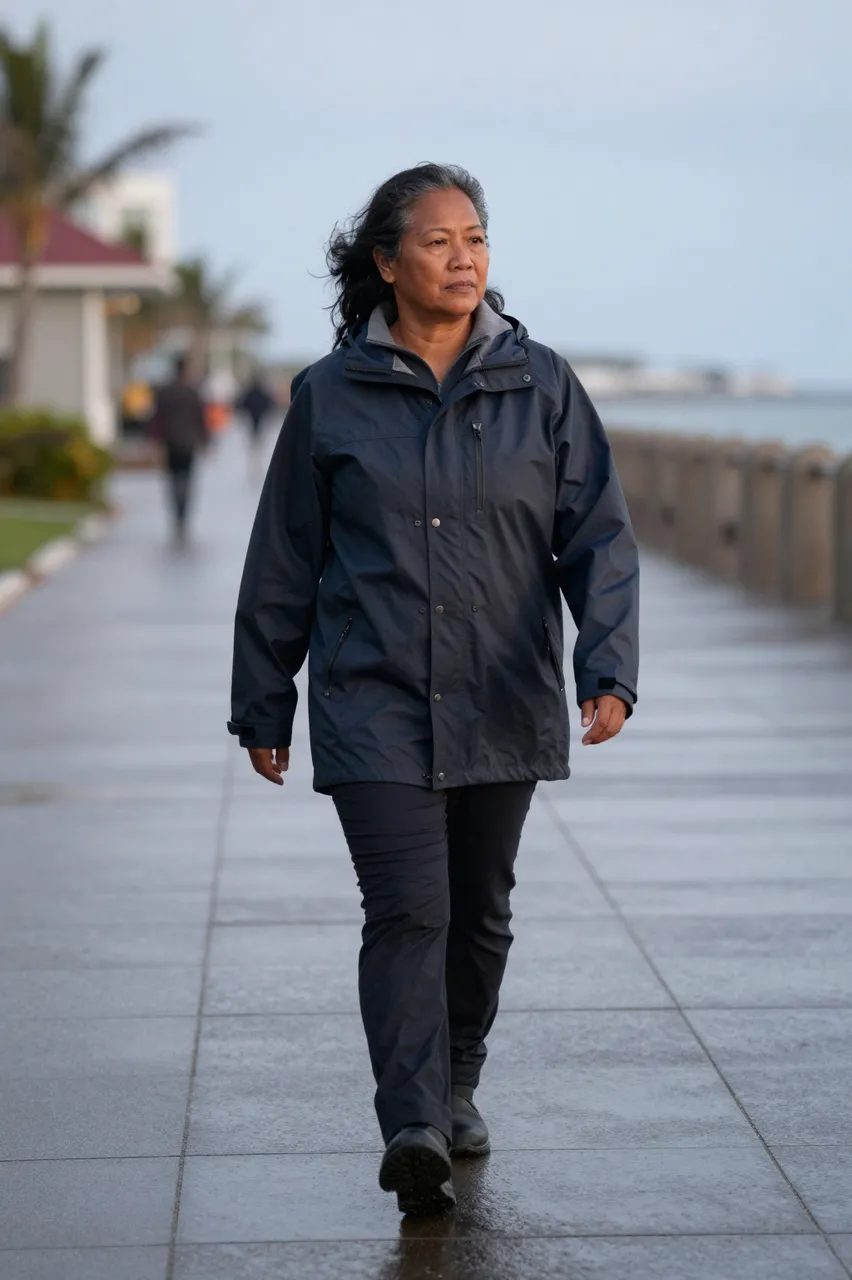 A middle-aged Pacific Islander woman in a dark rain jacket walks alone along a damp seaside promenade at dusk.