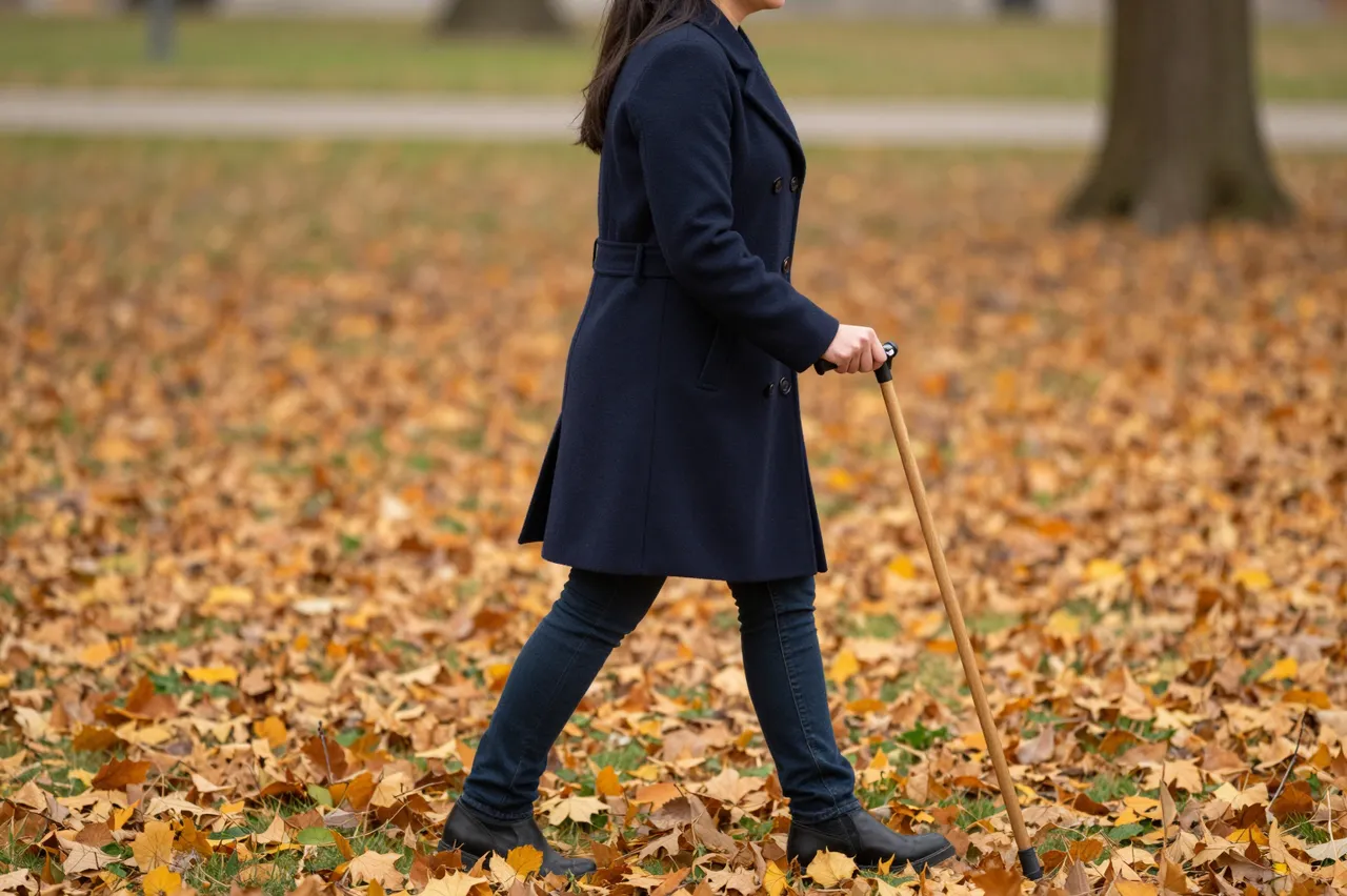 Side view of a woman in a navy coat walking with a wooden cane across fall leaves in a park