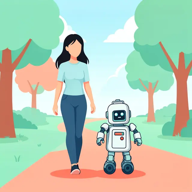 Faceless woman walks beside a small friendly robot along a sunny park path