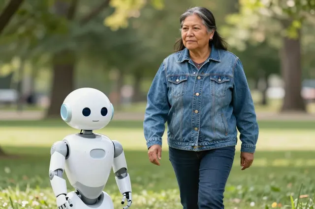 A mature woman in a denim jacket walks alongside a small friendly white robot in a sunny tree-lined park