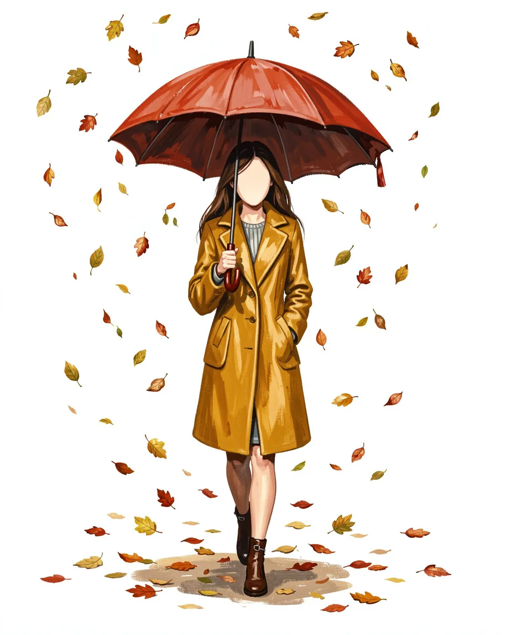 Faceless woman in a mustard coat holds a red umbrella as autumn leaves fall around her