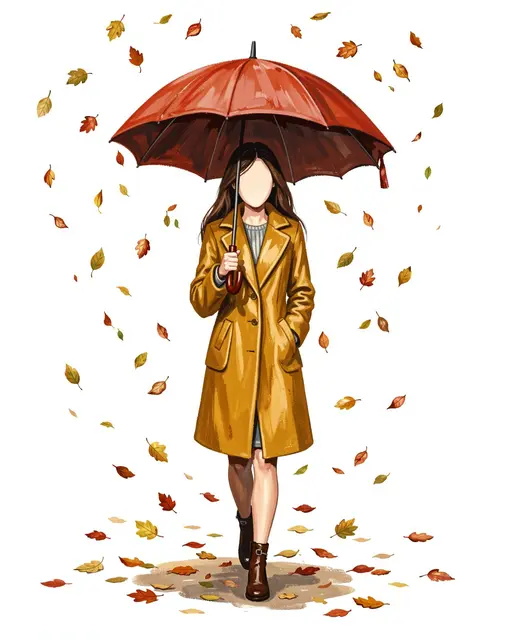 Faceless woman in a mustard coat holds a red umbrella as autumn leaves fall around her