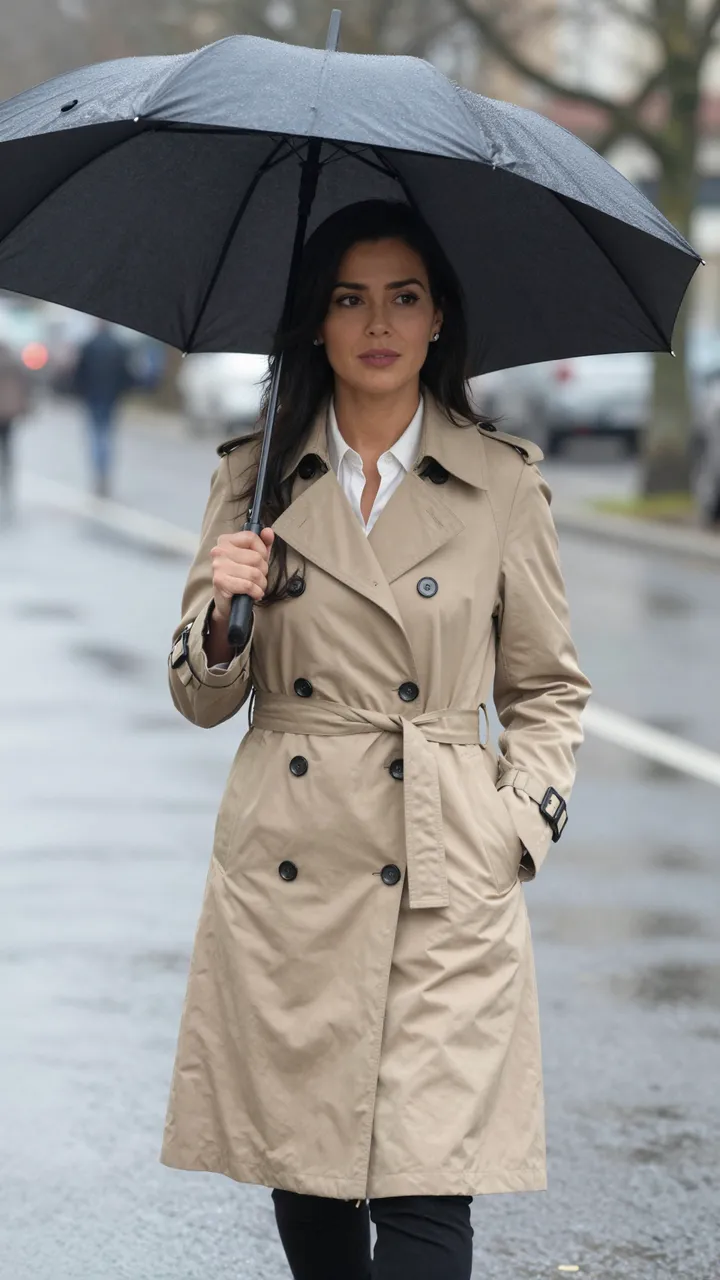 A woman in a tan trench coat walks down a wet city lane holding a black umbrella during rain