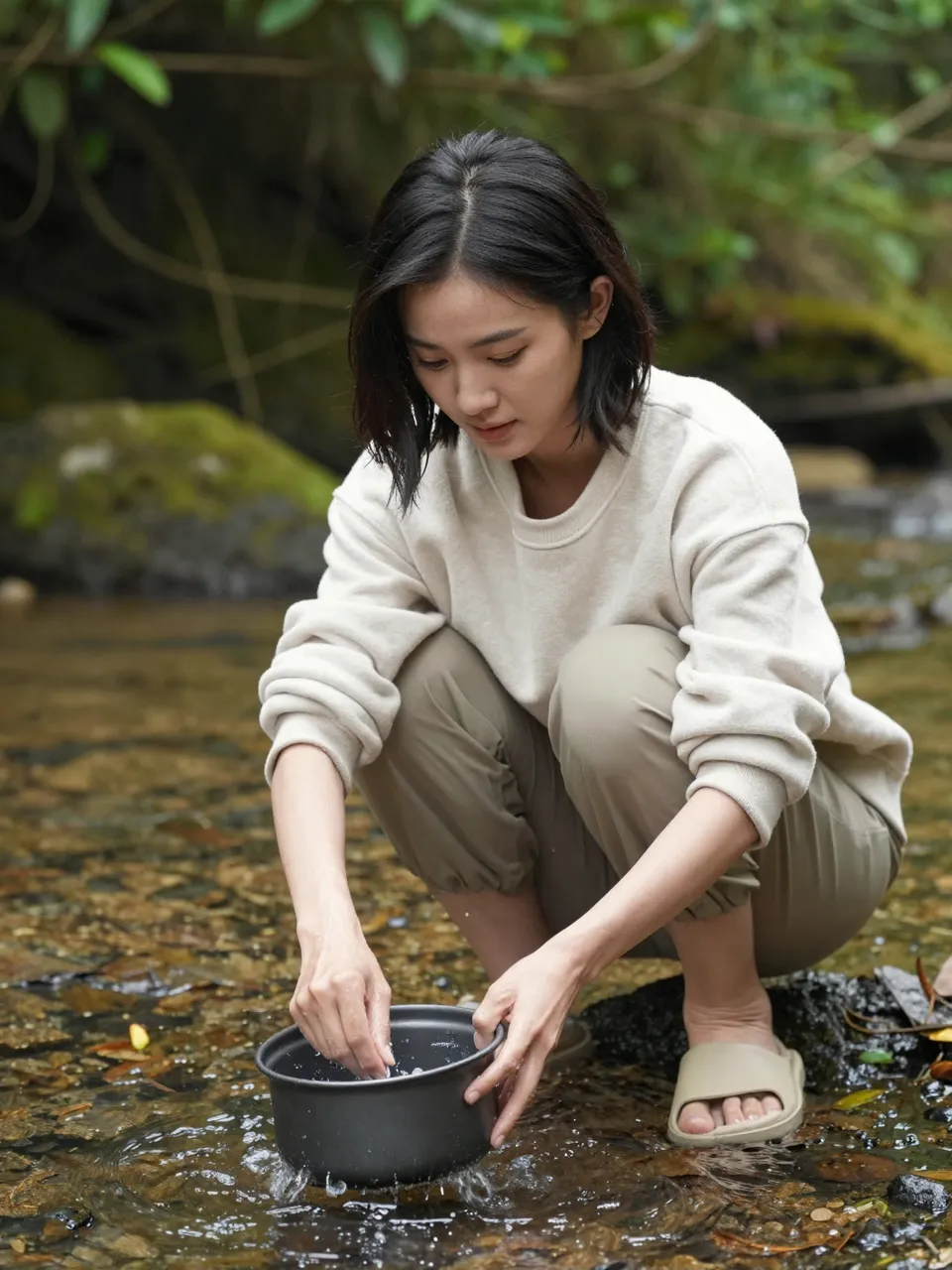 East Asian woman crouching in a forest stream rinsing a dark camp cooking pot