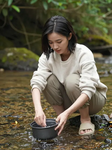 East Asian woman crouching in a forest stream rinsing a dark camp cooking pot