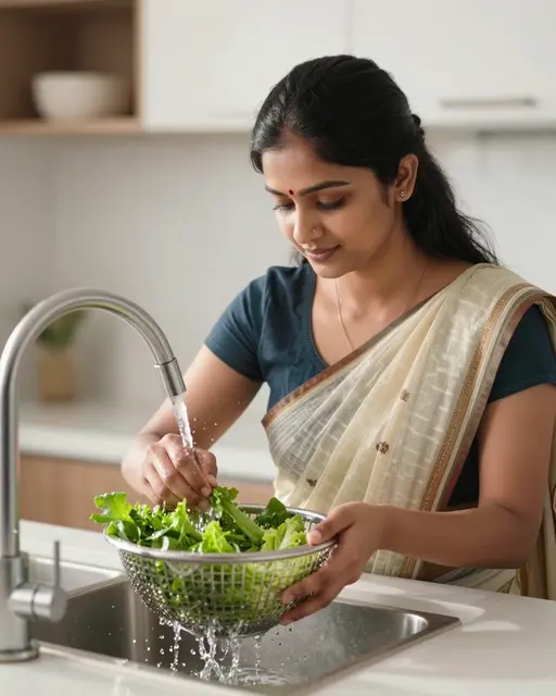South Asian woman washes fresh leafy greens in a metal colander at a bright kitchen sink under running water.