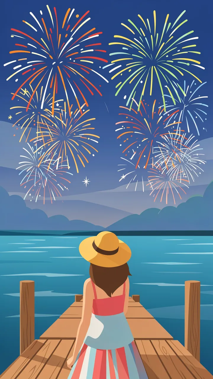 A faceless woman in a sun hat stands on a wooden dock watching colorful fireworks over water at dusk.