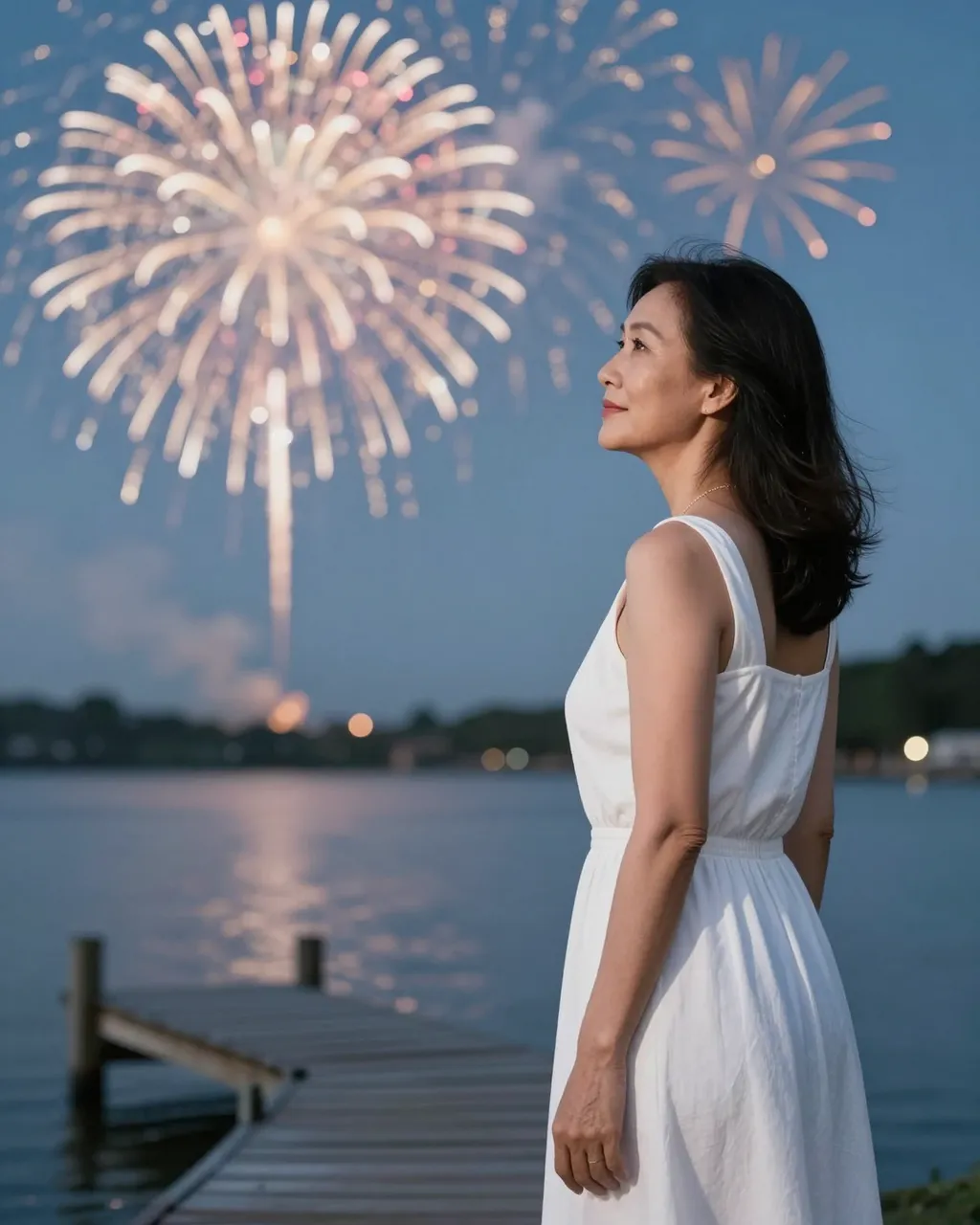 A side view of a Southeast Asian woman in a white sundress standing on a dock watching evening fireworks over a lake.