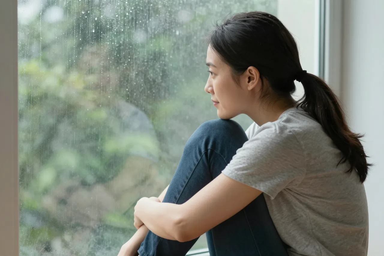 A side view of an adult woman hugging her knees while sitting beside a rain-streaked window
