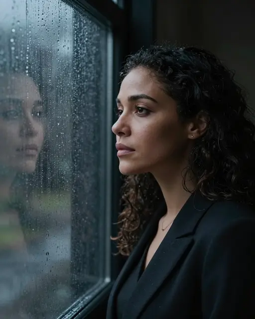 A mixed-race woman in her thirties stands looking out a rain-streaked dark window with a soft thoughtful expression.