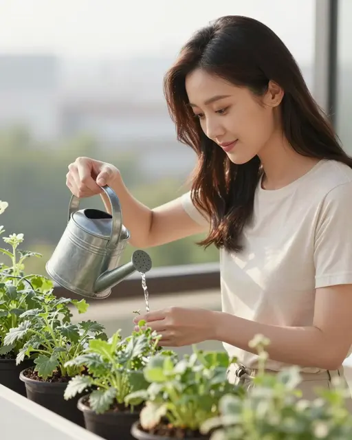 East Asian woman waters potted balcony plants with a small metal watering can in soft early morning light