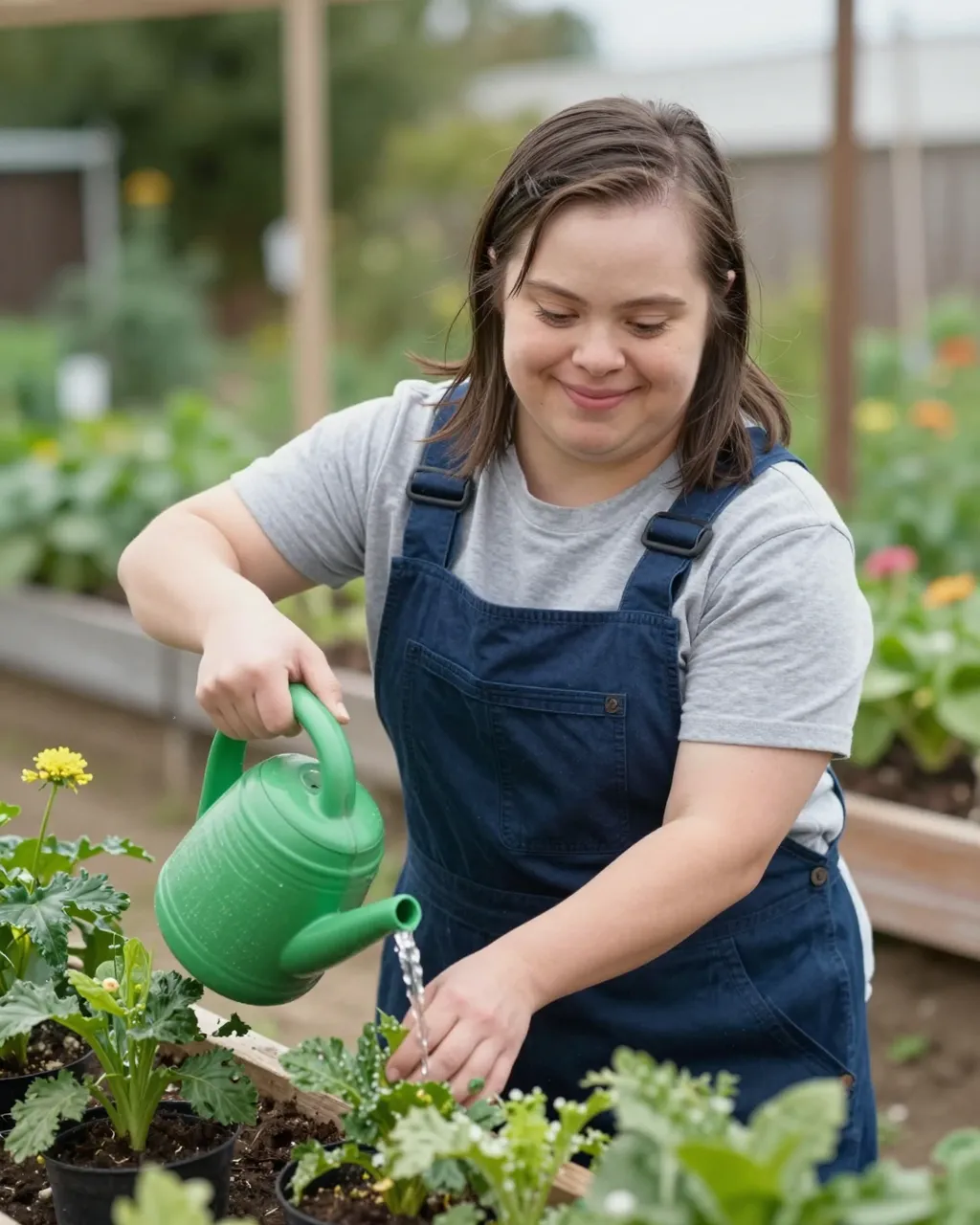A woman with Down syndrome smiles while watering garden plants from a green watering can.