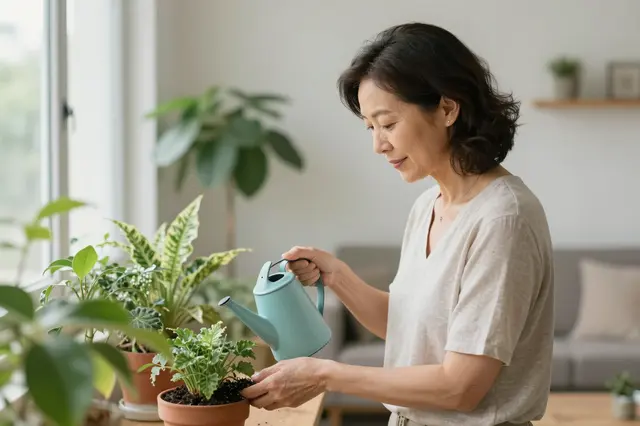 Middle-aged woman in side view watering potted houseplants with a small blue watering can in a sunlit living room