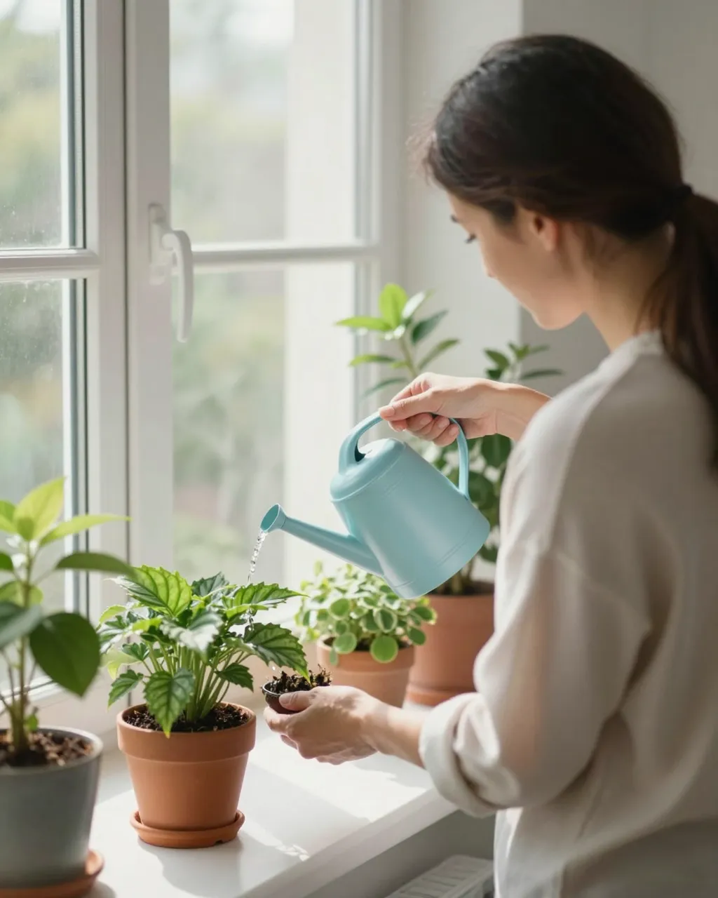 A woman facing a bright sunlit window waters potted houseplants using a small light blue watering can
