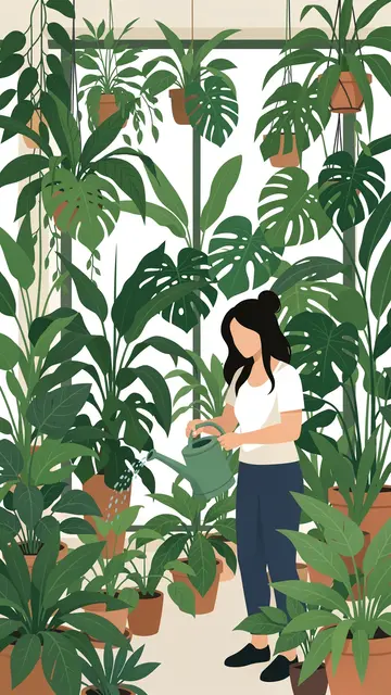 A faceless woman uses a watering can to tend to a dense collection of potted indoor houseplants