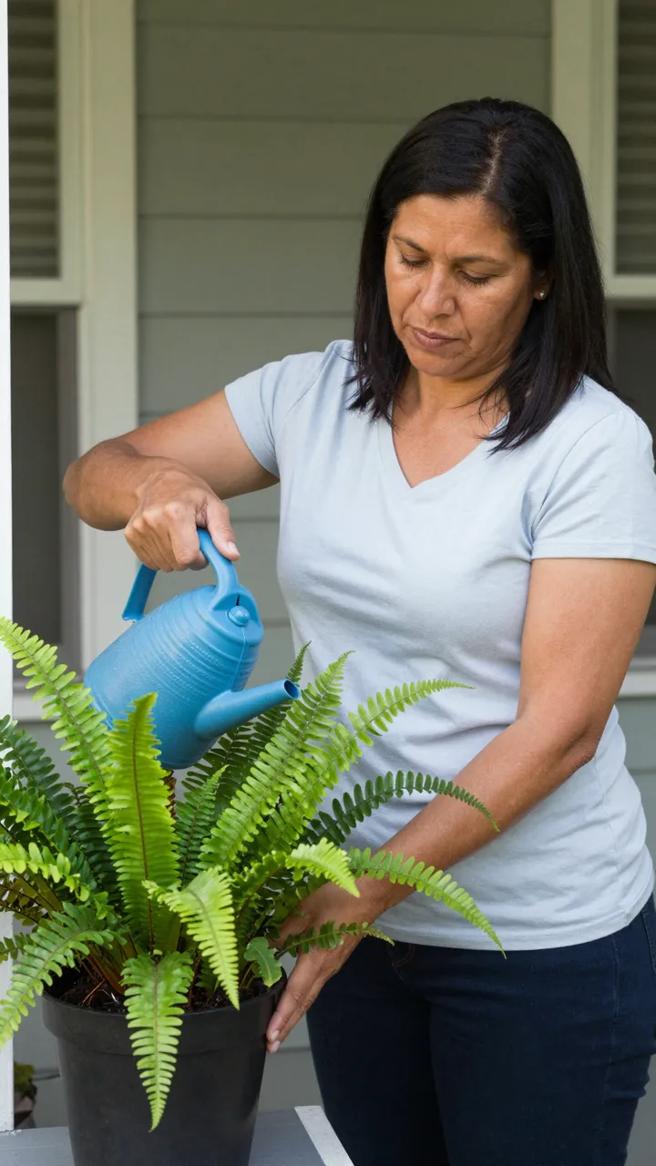 A middle-aged woman waters a potted fern with a blue watering can on a shaded home porch.