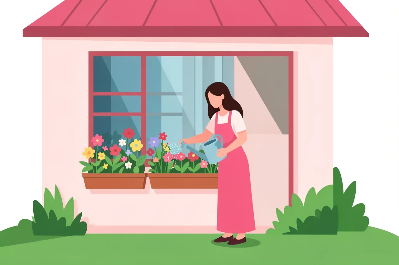 Faceless woman in a pink apron waters window box flowers outside a small pink house with a watering can