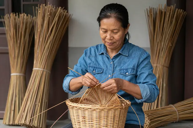 Mature Southeast Asian woman in a denim shirt weaves a willow basket beside bundled willow stems on a home porch