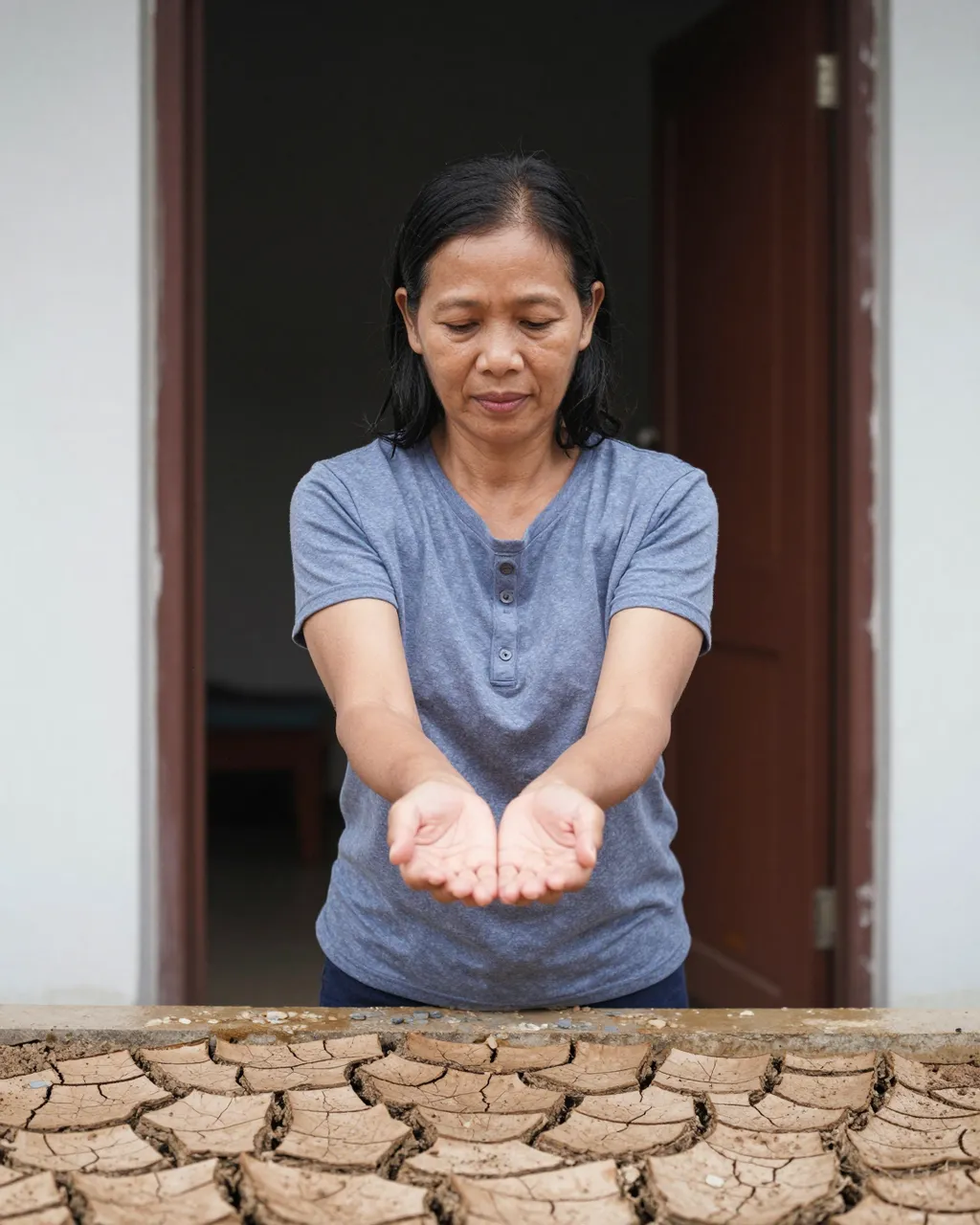 Southeast Asian woman stands in a home doorway holding out her upturned hands toward cracked dry soil during the first rain