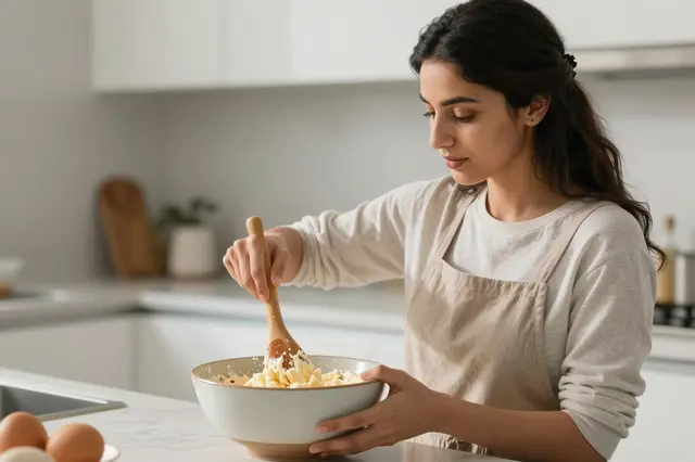 A woman stirs cake batter in a ceramic bowl in a bright sunny kitchen