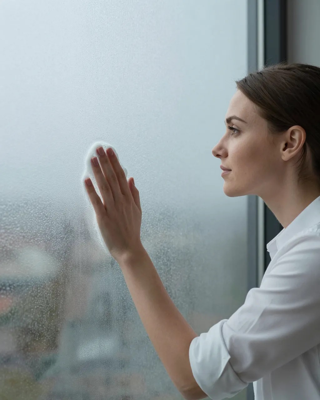 A woman in profile wipes condensation off a fogged window with her hand