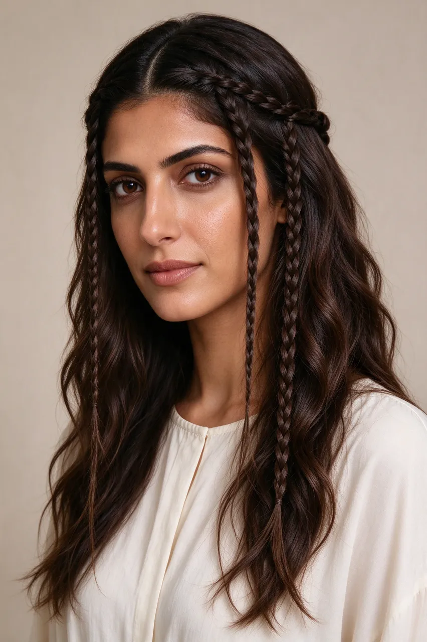 Portrait of a late twenties Middle Eastern woman with braided wavy hair wearing an ivory blouse