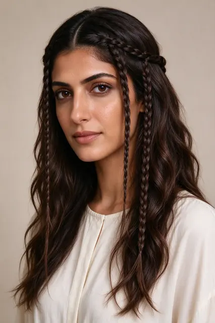 Portrait of a late twenties Middle Eastern woman with braided wavy hair wearing an ivory blouse