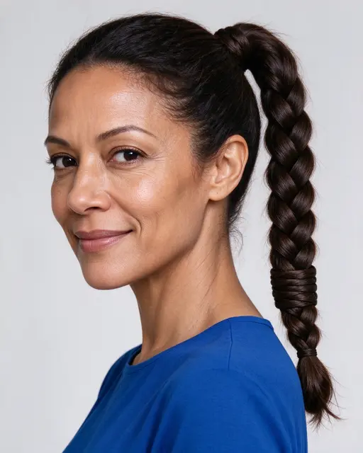 Close-up studio portrait of a mixed-race woman in her forties with a braided ponytail and cobalt top, smiling gently at the