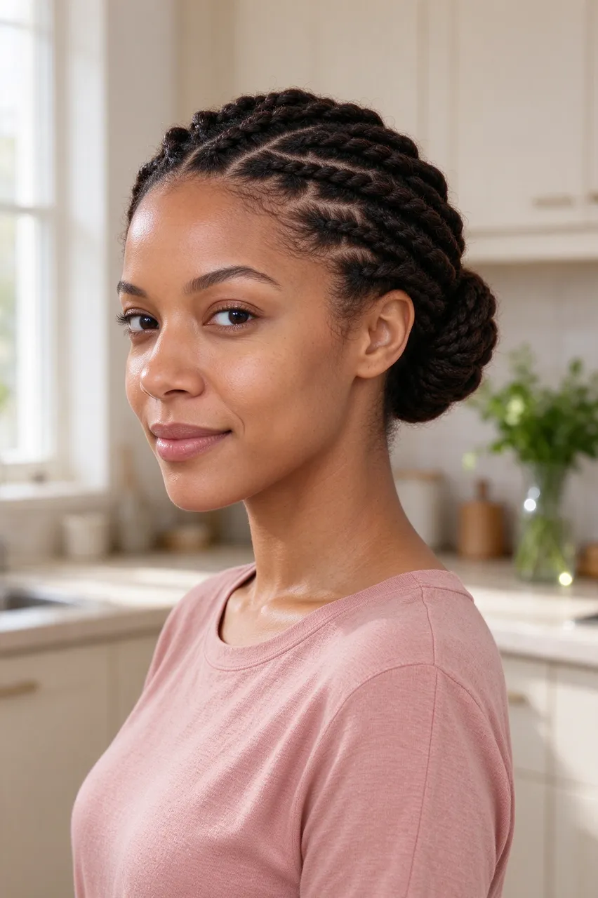A mixed-race woman in her thirties wears a dusty pink top and a flat twist updo while standing in a sunlit kitchen.