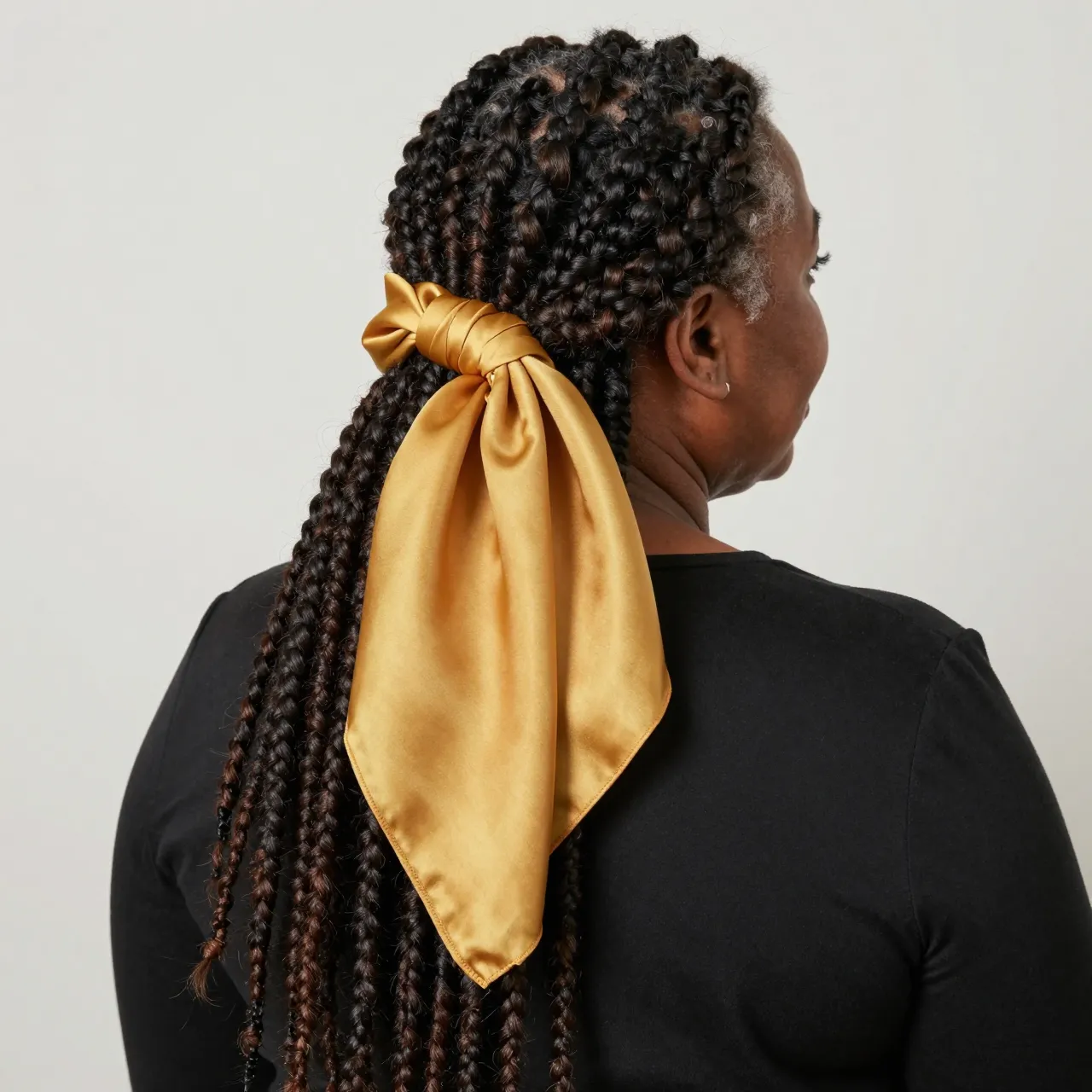Back view of a woman with long braids tied with a mustard silk scarf, wearing a black top against a plain light wall
