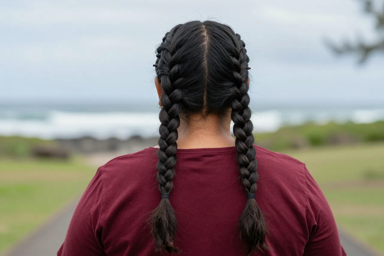 Back view of a woman with two long feed-in braids standing on a seaside path under overcast skies