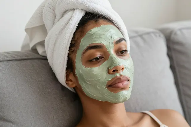 A relaxed woman with a green clay face mask and towel wrapped on her hair rests on a gray sofa
