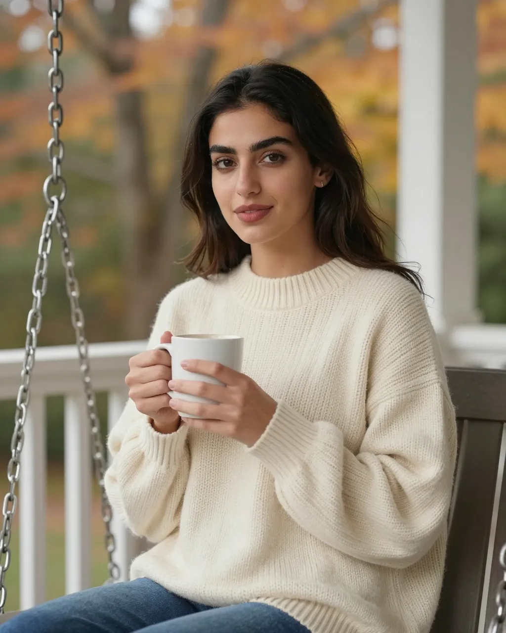 Woman in an oversized cream knit sweater sits on a porch swing holding a white coffee mug with autumn trees behind her